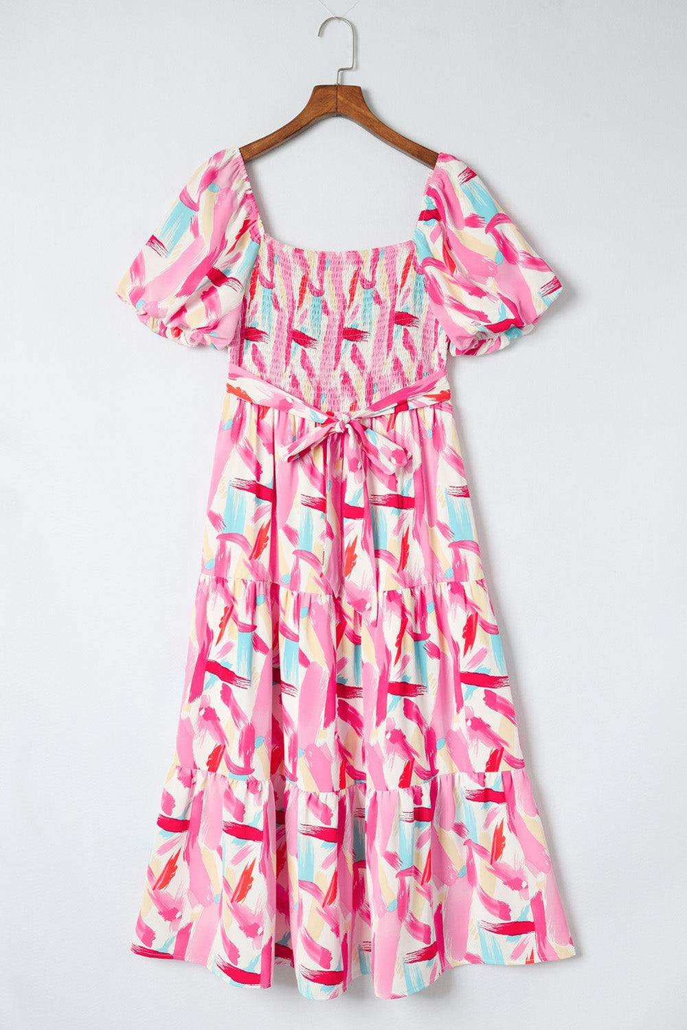 Printed Square Neck Tied Smocked Dress - Trendsi - Flyclothing LLC