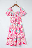 Printed Square Neck Tied Smocked Dress - Trendsi - Flyclothing LLC