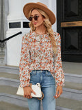 Printed Round Neck Flounce Sleeve Blouse - Trendsi