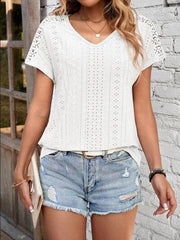 Eyelet V-Neck Short Sleeve T-Shirt - Trendsi