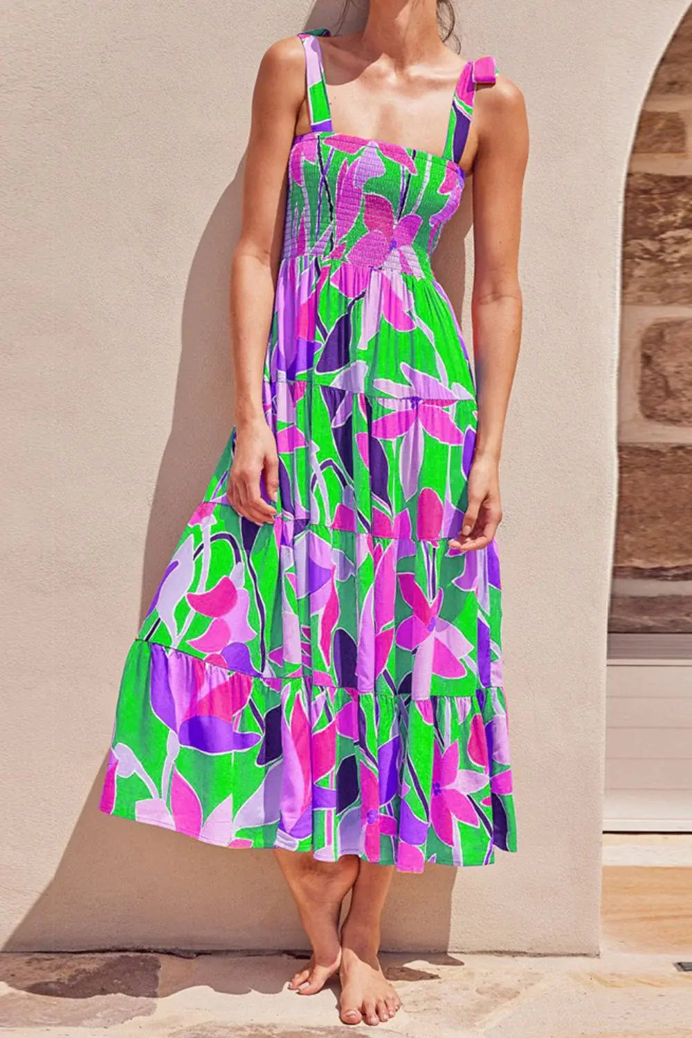 Floral Tie-Shoulder Smocked Midi Dress - Trendsi - Flyclothing LLC