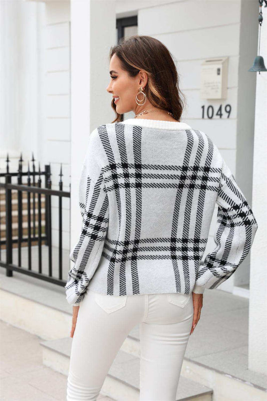 Printed Round Neck Dropped Shoulder Sweater - Trendsi - Flyclothing LLC