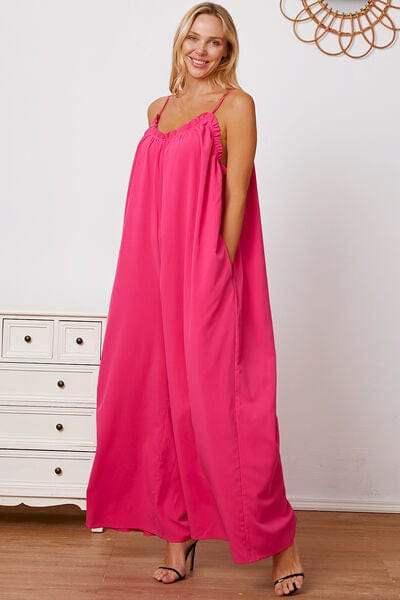 Full Size Ruffle Trim Tie Back Cami Jumpsuit with Pockets - Trendsi - Flyclothing LLC