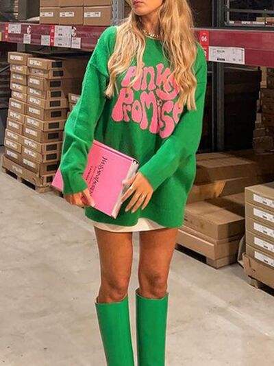 PINKY PROMISE Round Neck Sweater - Trendsi - Flyclothing LLC