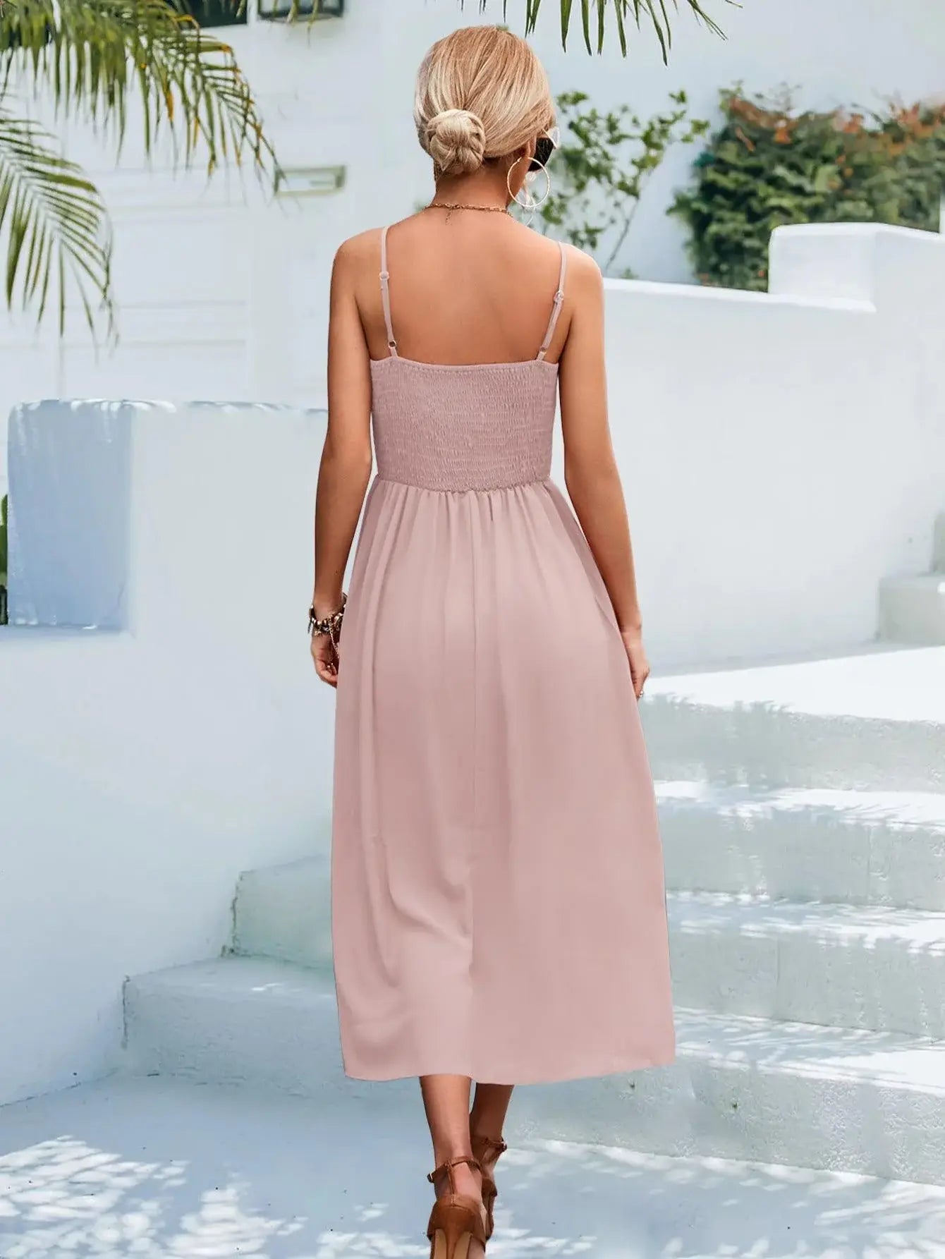Decorative Button Spaghetti Strap Midi Dress - Trendsi - Flyclothing LLC