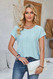 Eyelet Round Neck Rolled Short Sleeve T-Shirt - Trendsi - Flyclothing LLC
