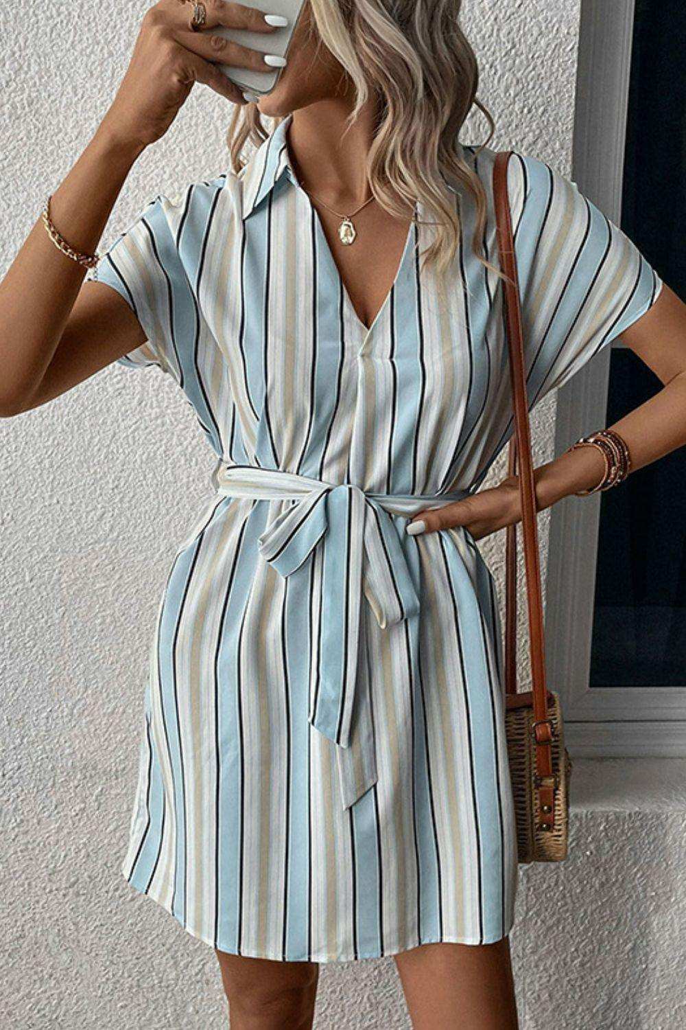 Striped Johnny Collar Tie-Waist Dress - Trendsi - Flyclothing LLC