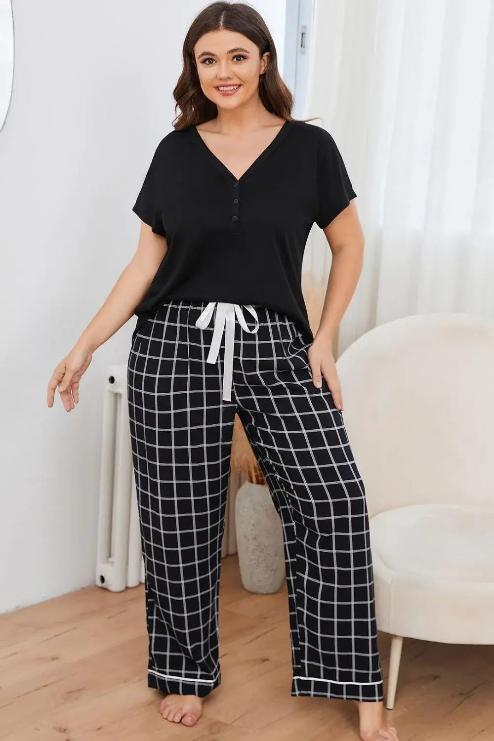 Plus Size V-Neck Top and Plaid Pants Lounge Set - Trendsi - Flyclothing LLC