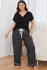 Plus Size V-Neck Top and Plaid Pants Lounge Set - Trendsi - Flyclothing LLC