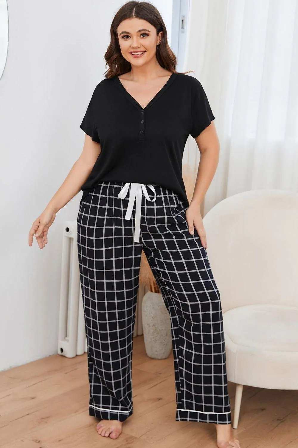 Plus Size V-Neck Top and Plaid Pants Lounge Set - Trendsi - Flyclothing LLC