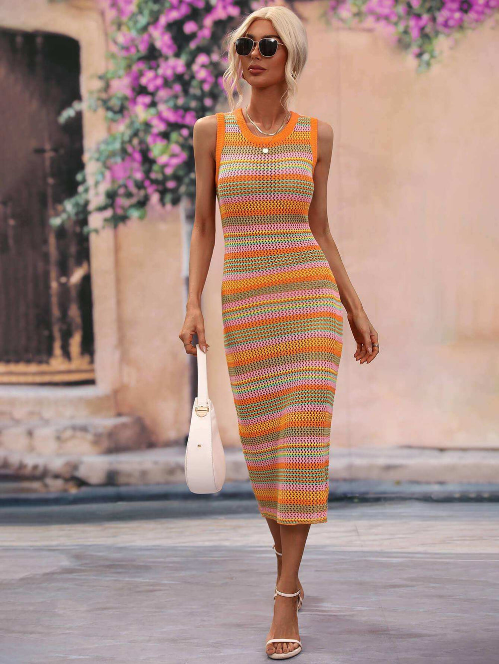 Striped Round Neck Sleeveless Midi Cover Up Dress - Trendsi - Flyclothing LLC