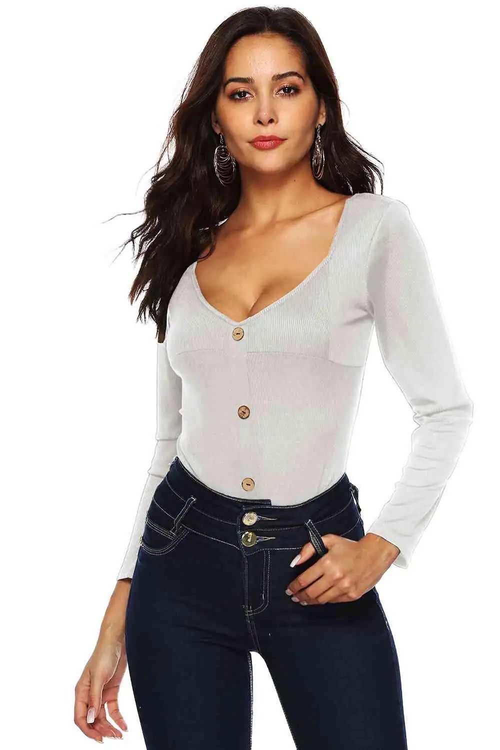 Button Detail Bodysuit - Trendsi - Flyclothing LLC