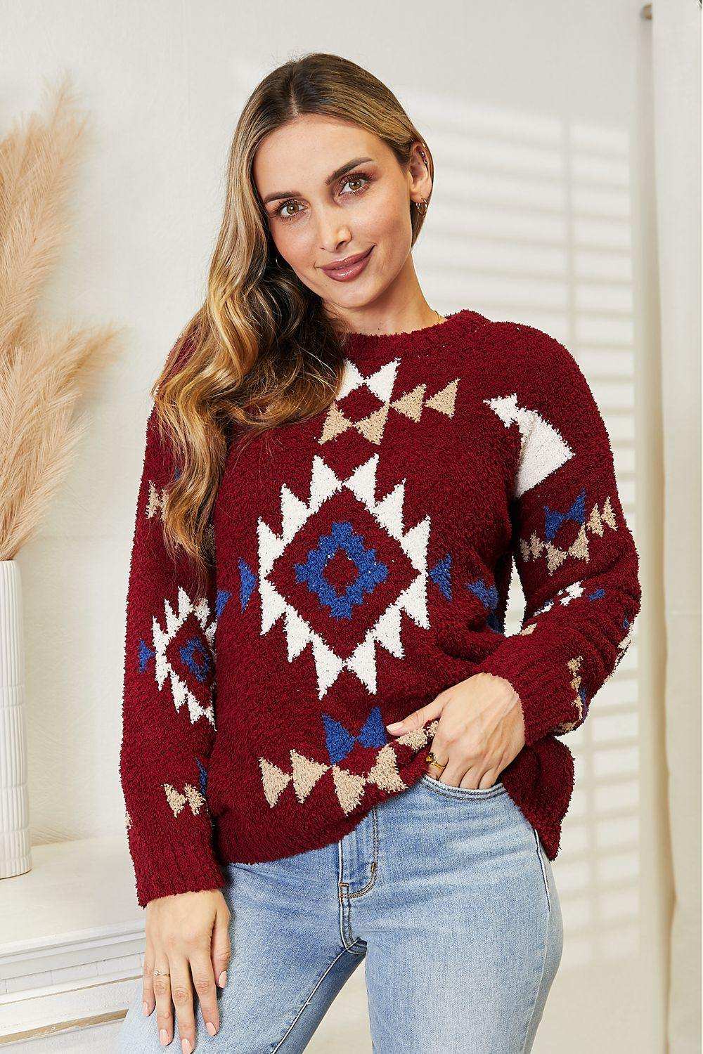 HEYSON Full Size Aztec Soft Fuzzy Sweater - Trendsi - Flyclothing LLC
