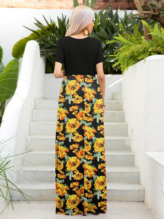 Printed Round Neck Short Sleeve Maxi Dress - Trendsi
