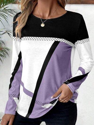 Contrast Round Neck Long Sleeve T-Shirt - Trendsi - Flyclothing LLC