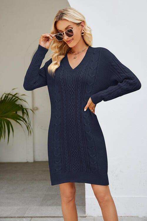 Cable-Knit Long Sleeve Sweater Dress - Trendsi - Flyclothing LLC