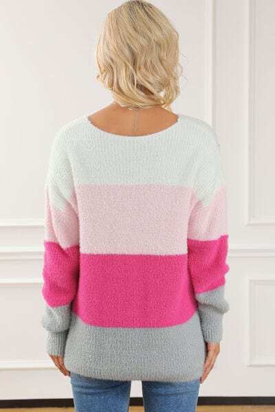 Color Block V-Neck Dropped Shoulder Sweater - Trendsi - Flyclothing LLC