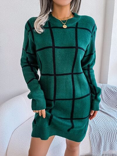 Plaid Round Neck Dropped Shoulder Sweater Dress - Trendsi