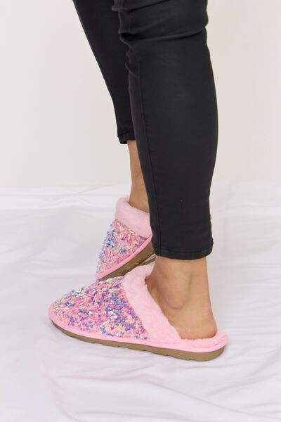 Forever Link Sequin Plush Round Toe Slippers - Trendsi - Flyclothing LLC