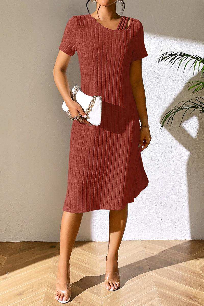 Ribbed Asymmetrical Neck Short Sleeve Dress - Trendsi - Flyclothing LLC