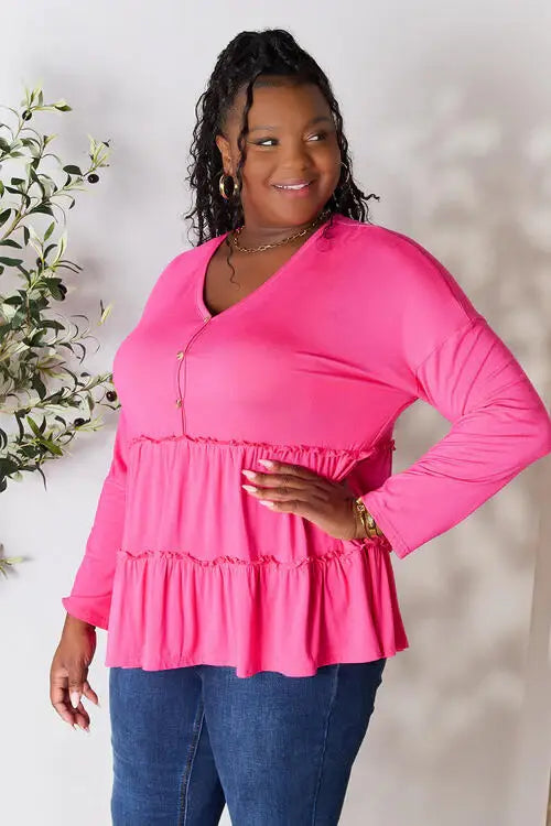 Double Take Half Button Long Sleeve Ruffle Hem Blouse - Trendsi - Flyclothing LLC