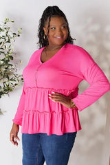 Double Take Half Button Long Sleeve Ruffle Hem Blouse - Trendsi - Flyclothing LLC