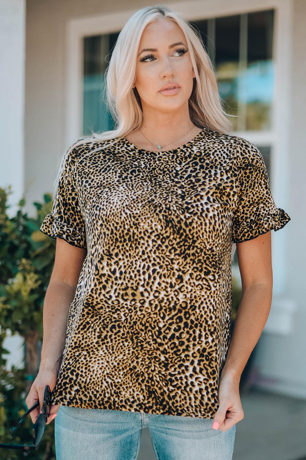 Women Leopard Short Flounce Sleeve Tee - Flyclothing LLC