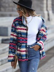 Geometric Button Down Dropped Shoulder Jacket - Trendsi