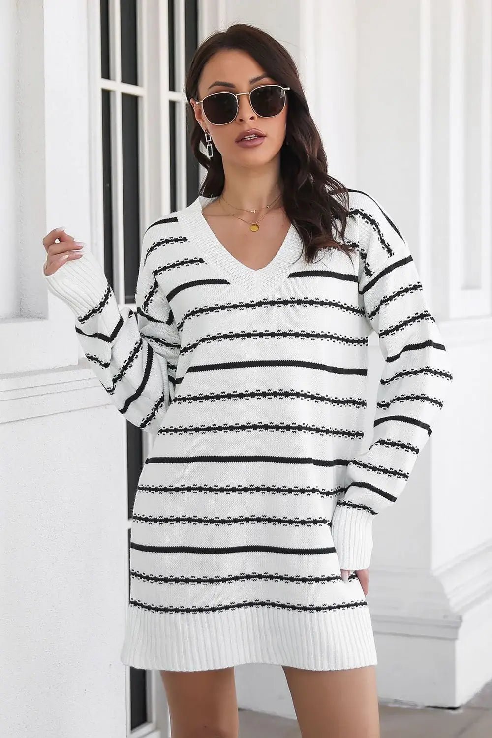 Striped V-Neck Sweater Dress - Trendsi - Flyclothing LLC