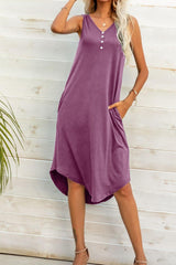 Buttoned V-Neck Curved Hem Sleeveless Dress - Flyclothing LLC