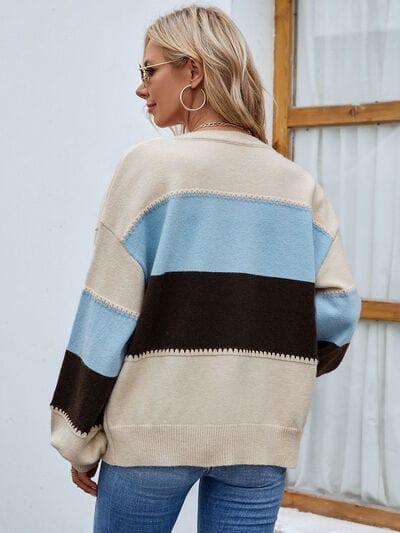 Color Block Button Up Lantern Sleeve Cardigan - Trendsi