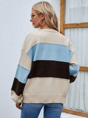 Color Block Button Up Lantern Sleeve Cardigan - Trendsi