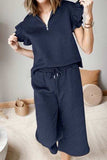 Ruffled Quarter Zip Top and Drawstring Pants Set - Trendsi - Flyclothing LLC
