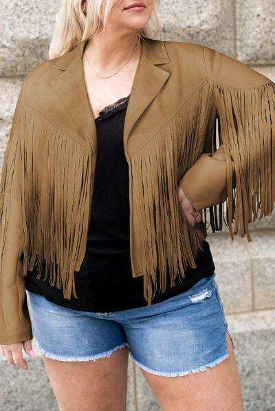 Plus Size Fringe Open Front Jacket - Trendsi - Flyclothing LLC