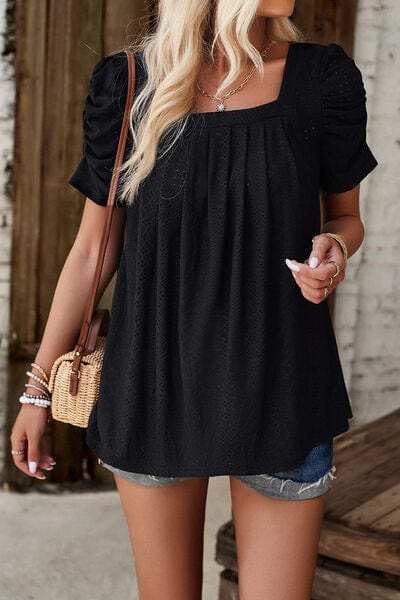Eyelet Square Neck Puff Sleeve T-Shirt - Trendsi - Flyclothing LLC