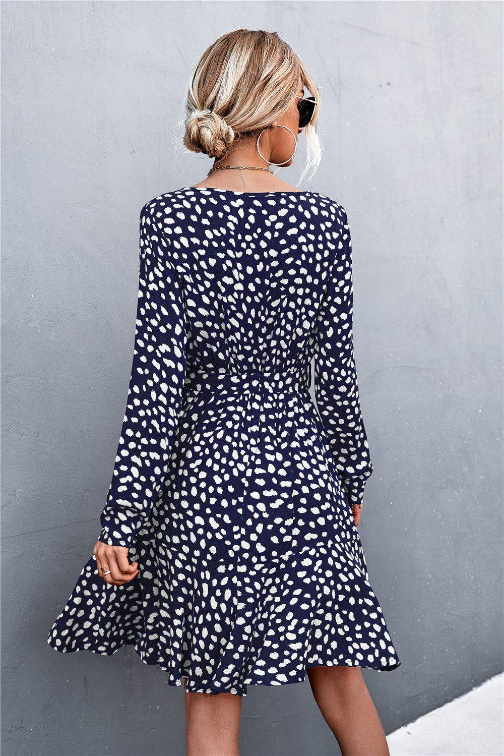 Printed V-Neck Tie Belt Ruffle Hem Mini Dress - Trendsi - Flyclothing LLC