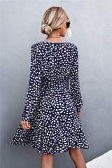 Printed V-Neck Tie Belt Ruffle Hem Mini Dress - Trendsi - Flyclothing LLC