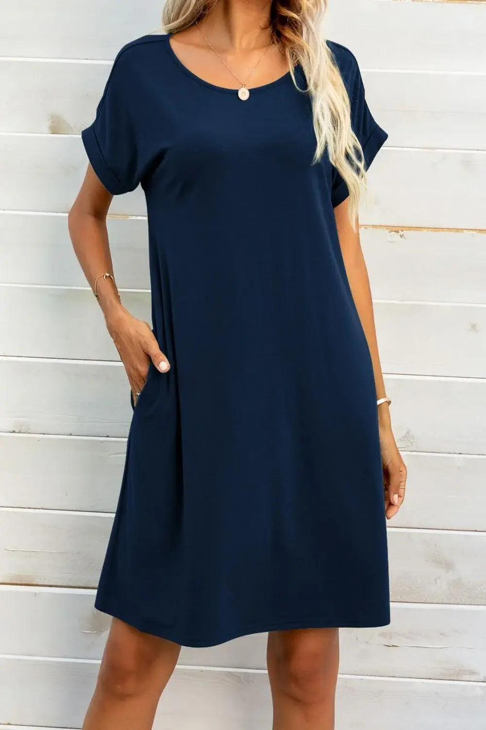 Scoop Neck Short Sleeve Pocket Dress - Trendsi - Flyclothing LLC