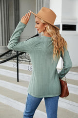 Cable-Knit Long Sleeve V-Neck T-Shirt - Trendsi