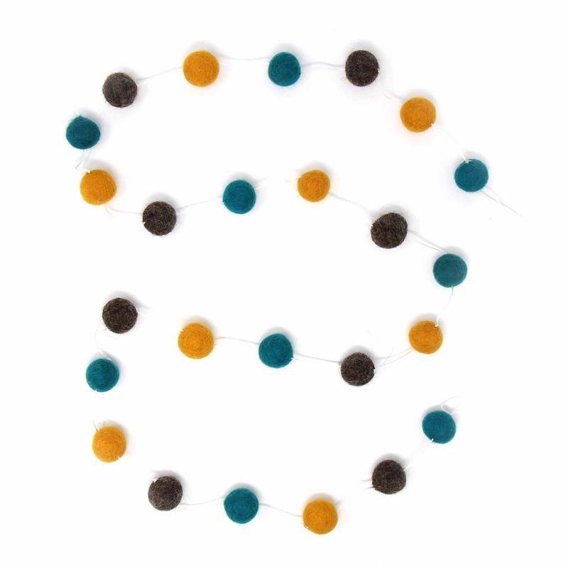 Hand Crafted Felt from Nepal: Pom Pom Garlands, Blue/Grey/Yellow - Global Groove Direct