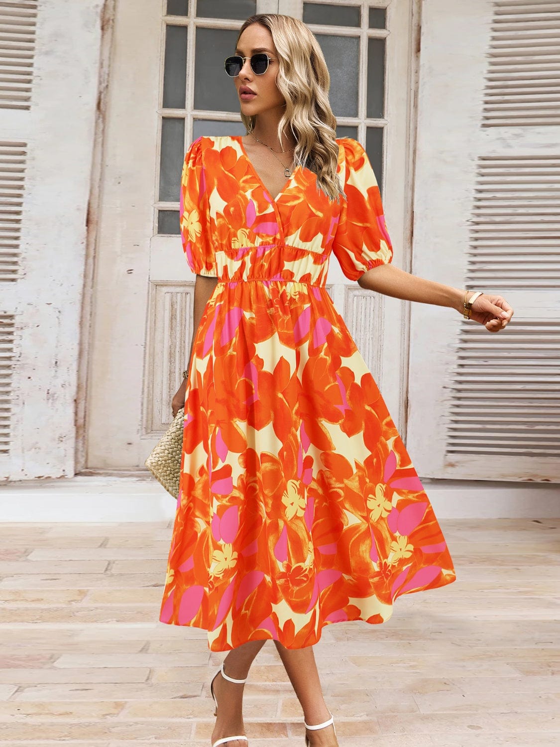 Ruched Printed Surplice Short Sleeve Dress - Trendsi