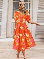 Ruched Printed Surplice Short Sleeve Dress - Trendsi