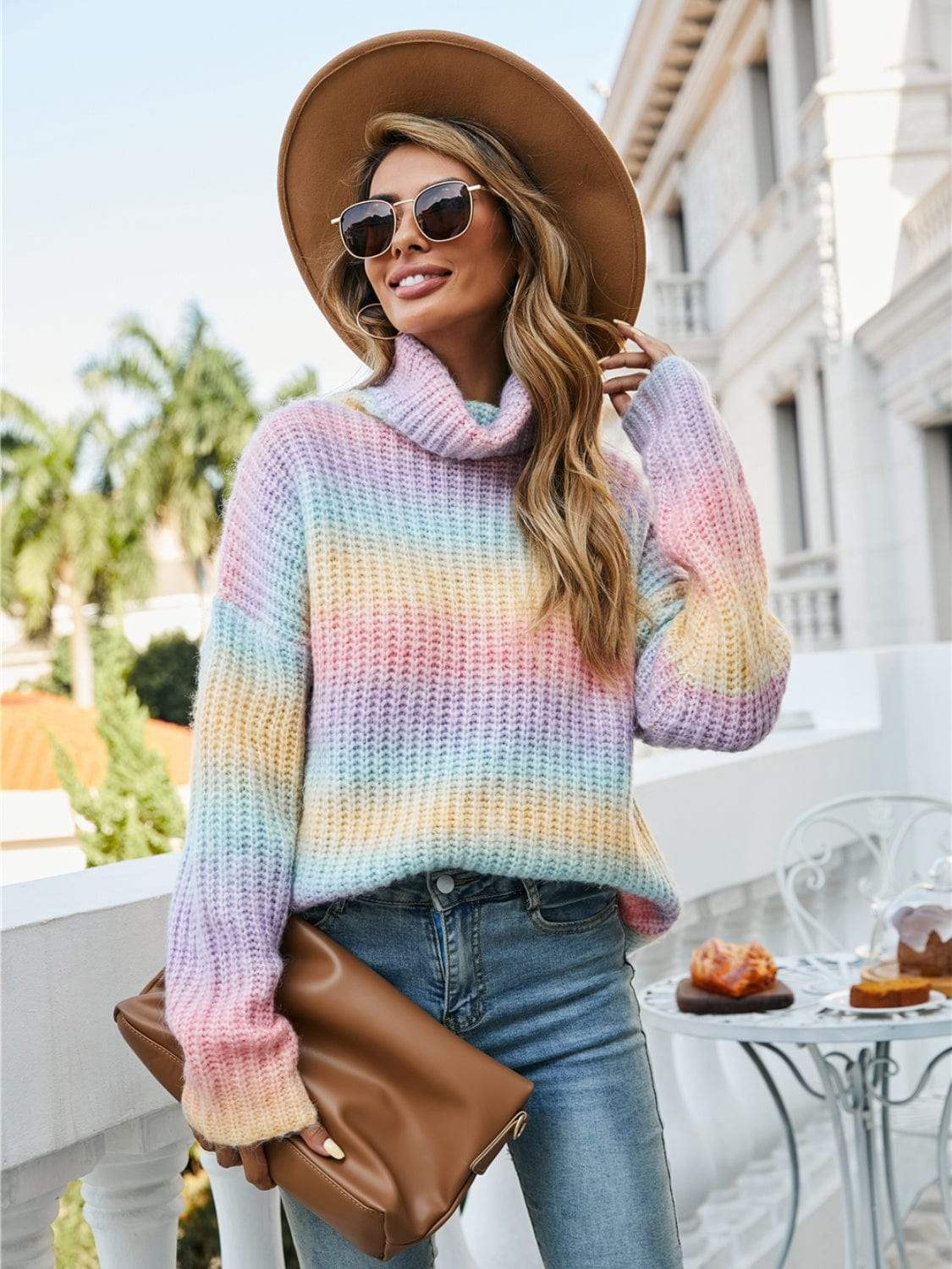 Contrast Turtleneck Dropped Shoulder Sweater - Trendsi - Flyclothing LLC