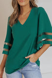 Sheer Striped Flare Sleeve V-Neck Blouse - Trendsi