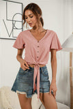 Decorative Button V-Neck Tied Blouse - Trendsi - Flyclothing LLC
