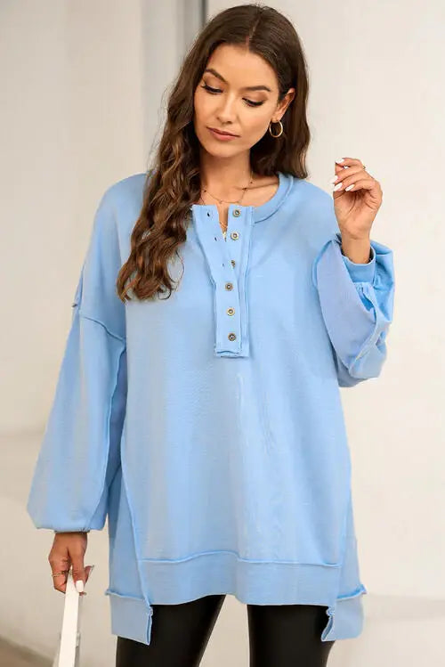 Buttoned Dropped Shoulder Sweatshirt - Trendsi - Flyclothing LLC