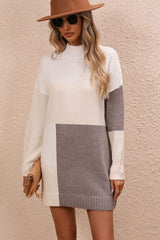 Color Block Mock Neck Dropped Shoulder Sweater Dress - Trendsi - Flyclothing LLC