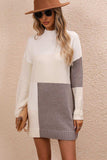Color Block Mock Neck Dropped Shoulder Sweater Dress - Trendsi - Flyclothing LLC