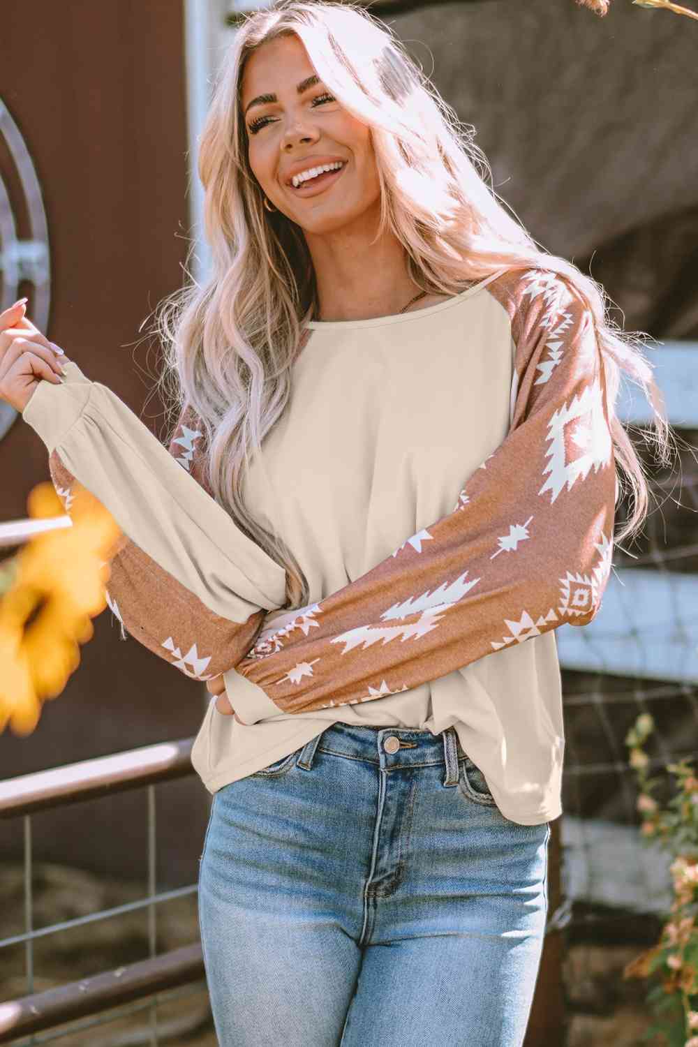 Geometric Round Neck Long Sleeve T-Shirt - Trendsi - Flyclothing LLC