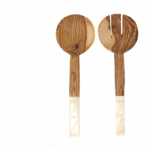 Olive Wood Salad Servers with Bone Handles, White with Square Design - Flyclothing LLC